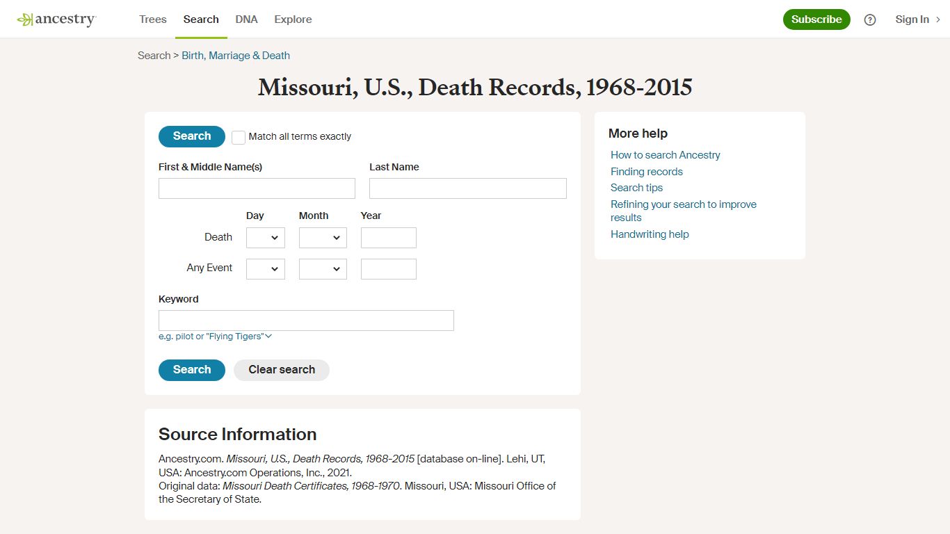 Missouri, U.S., Death Records, 1968-2015 - Ancestry